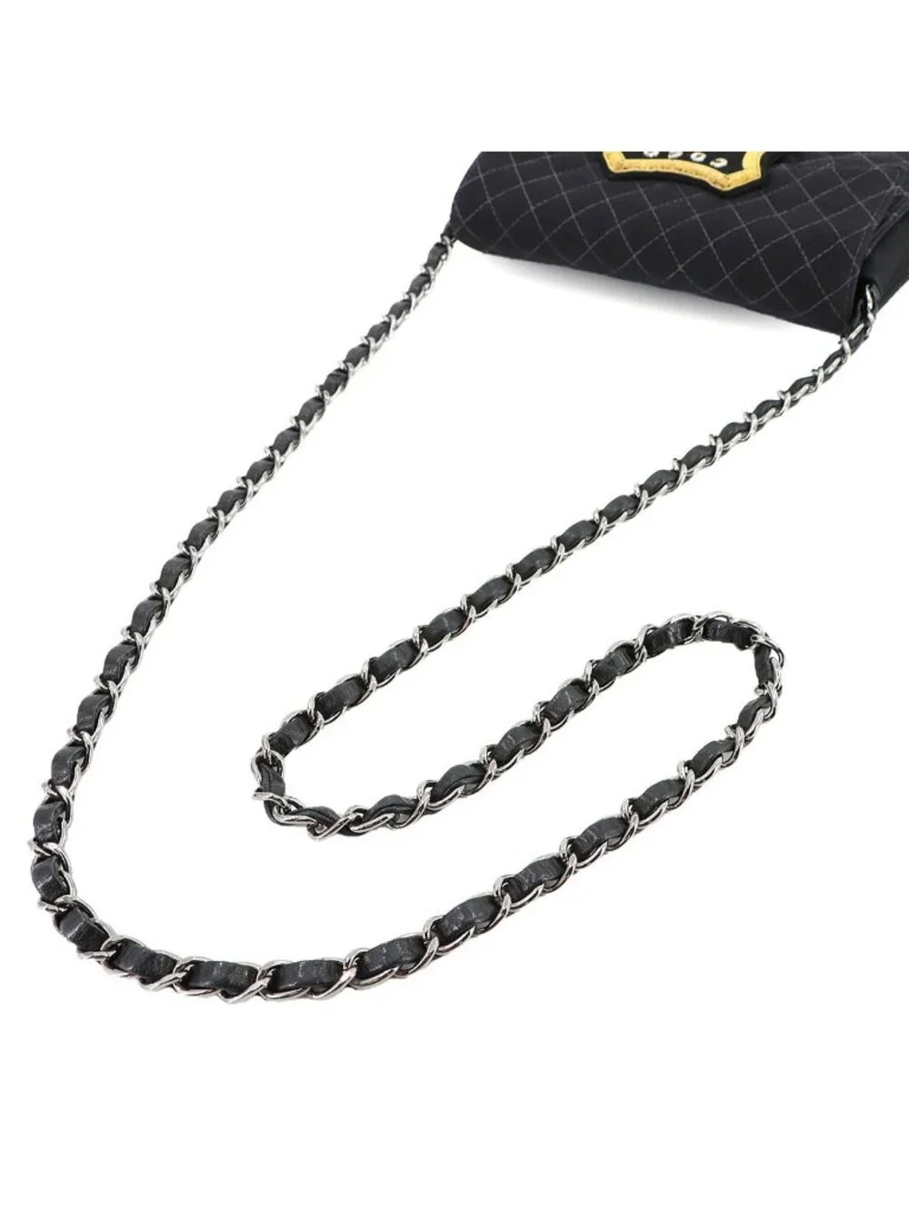 Chanel Quilted Emblem Chain Shoulder Bag Canvas Leather Black Silver